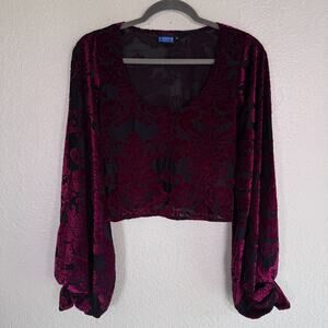 Elhoffer Top Womens Large Tabitha Blouse Floral Burnout Boho Whimsigoth Maroon